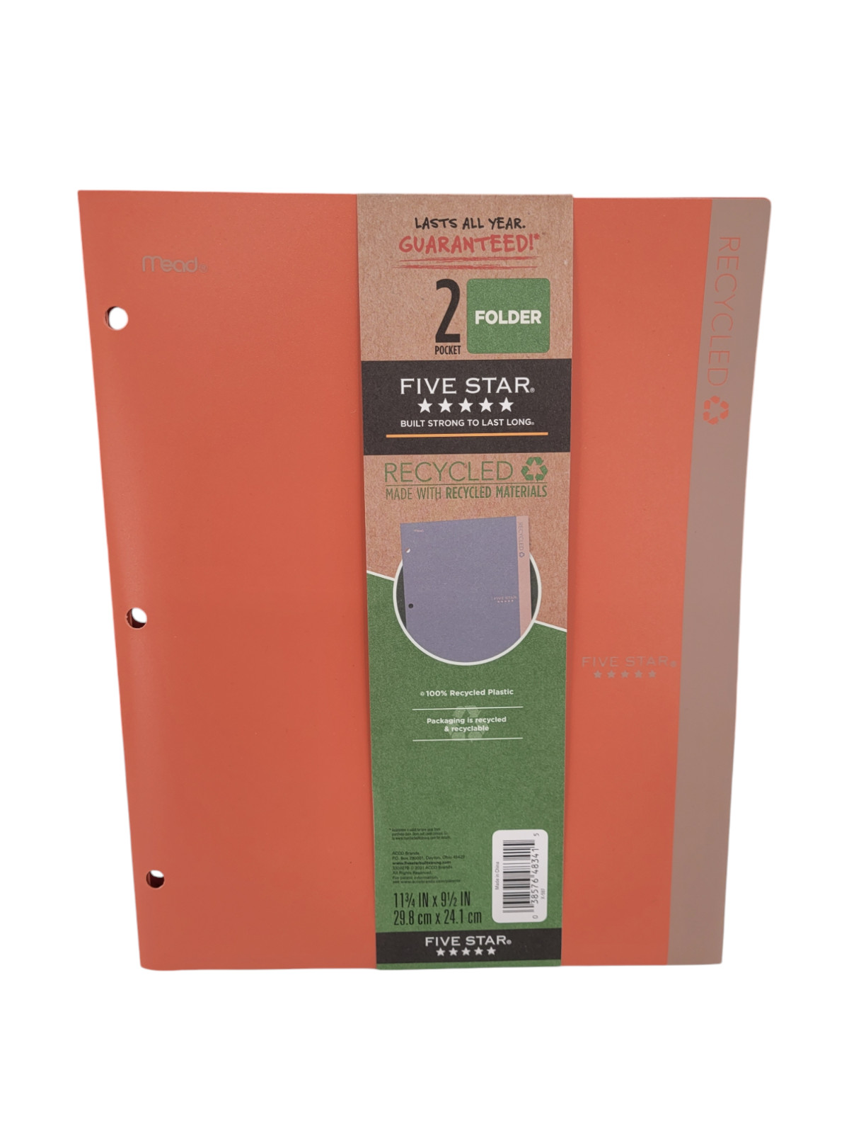 Lot of 3 Mead Five Star Plastic RECYCLED 2-Pocket Folders Zion Clay NEW