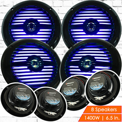 8x Gravity 300 Watts 6-1/2'' 2-Way Marine Boat Audio Speakers 6.5'' BLACK LED