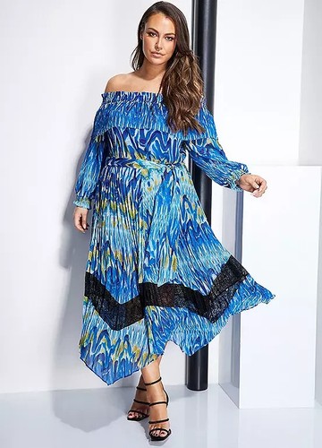 Size 12 Julien Macdonald Blue Print Bardot Pleated Lace Trim Chiffon Midaxi Dres - Picture 8 of 8