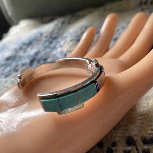ZUNI DURAN GASPER STERLING SILVER CUFF BRACELET W/LAPIS, CORAL & TURQUOISE INLAY - Picture 2 of 24