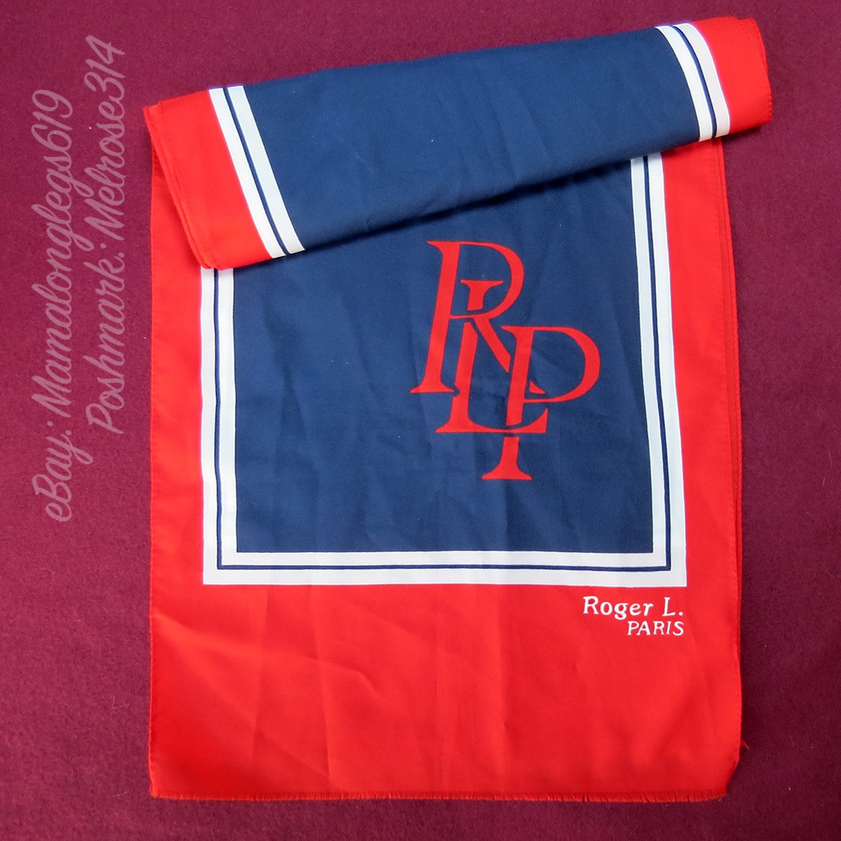 Vintage Roger L Paris Scarf 52x12 Red White Blue Raw Edges
