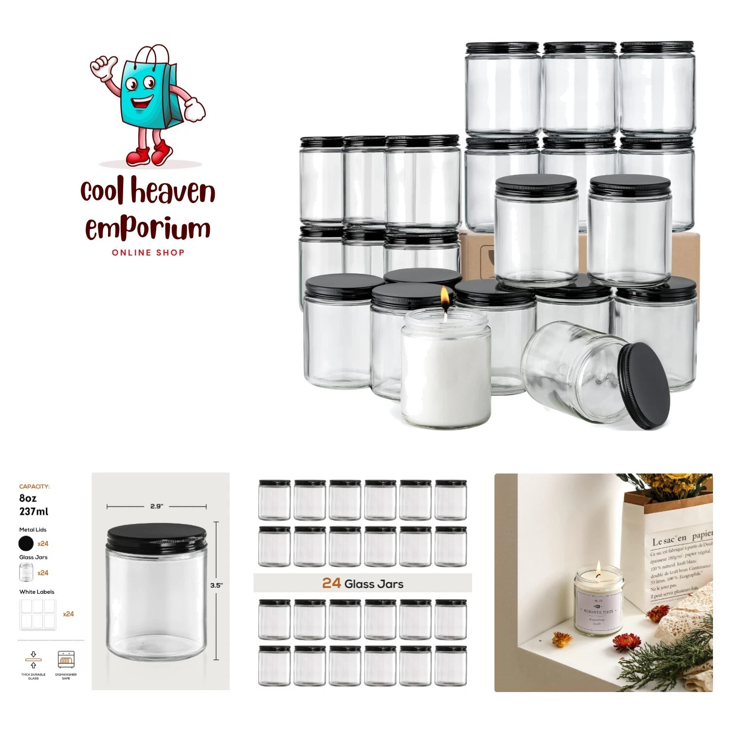 24 Pack Clear 8 OZ Thick Glass Jars with Airtight Metal Lids for Candle Making