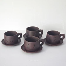 4 Vintage Chinese Zisha Purple Clay Cup and Saucer Sets
