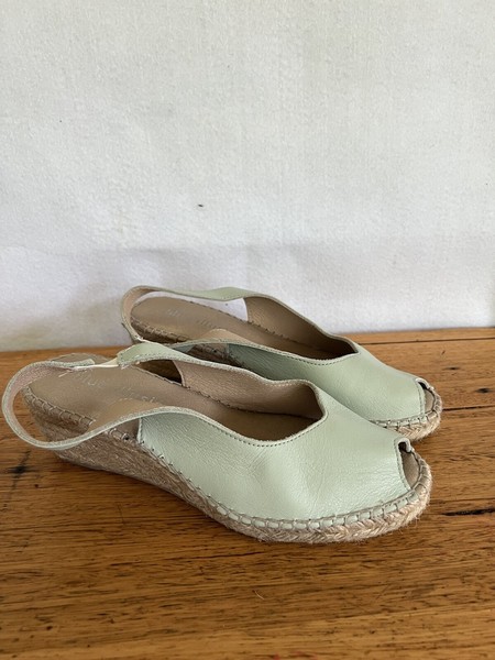 🌟 BLUE ILLUSION Blue Green Leather Wedge Espadrille Heels 37 6
