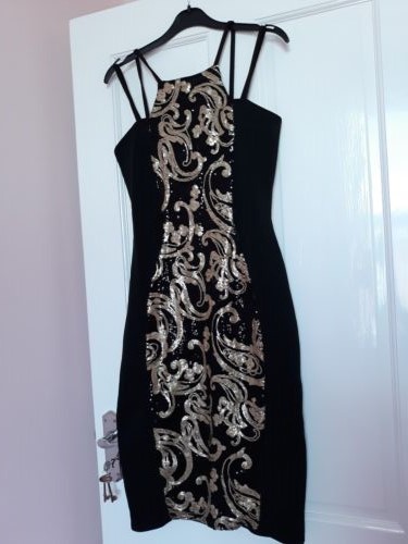 Boohoo Black dress, new with sequined gold paisley print panel front Size  12 | eBay UK