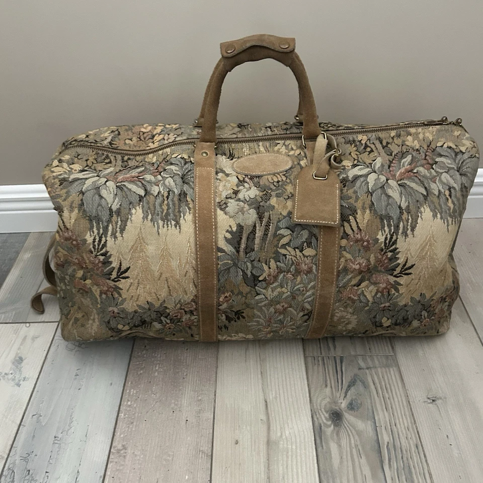 VINTAGE FRENCH LUGGAGE CO Floral Paradise SUEDE TAPESTRY 20”Carry On Duffle Bag - Image 2 of 4