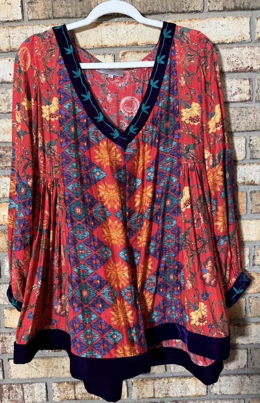 Roja Embroidered Floral V-Neck Blouse Red Multicolor Long Sleeve S