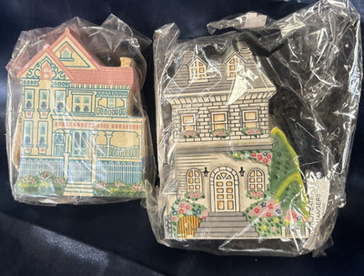 2 Delton Fine Collectibles Wooden Painted Miniature 4'' Houses Yellow Blue Pink