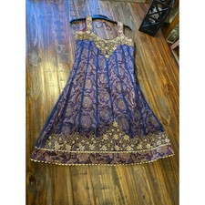 Stunning Blue Gold Embroidered Kameez Kurti Indian Pakistani Formal Wear Size 34