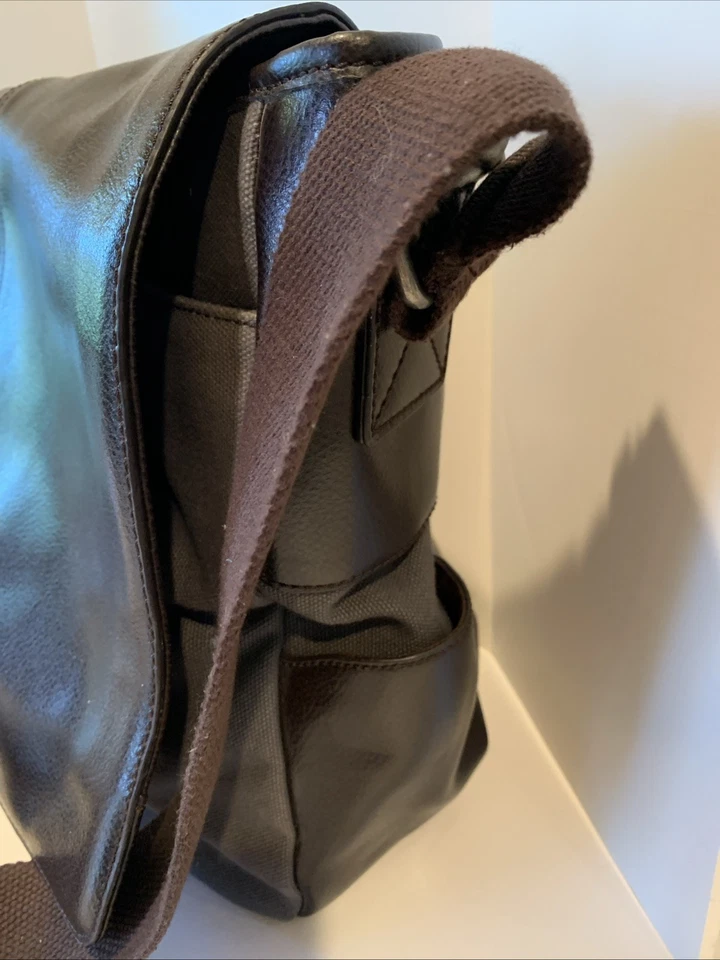 Bolsa de ombro relíquia genuína clássica mensageiro laptop couro marrom e lona - Imagem 3 de 4