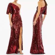 New Mac Duggal Size 4 Burgundy 93540 One-Shoulder Sequin Formal Gown Maxi Dress