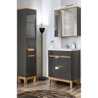 BadmöBel Set Hochglanz Grau Waschtisch Led Spiegelschrank Hochschrank GäSte Wc