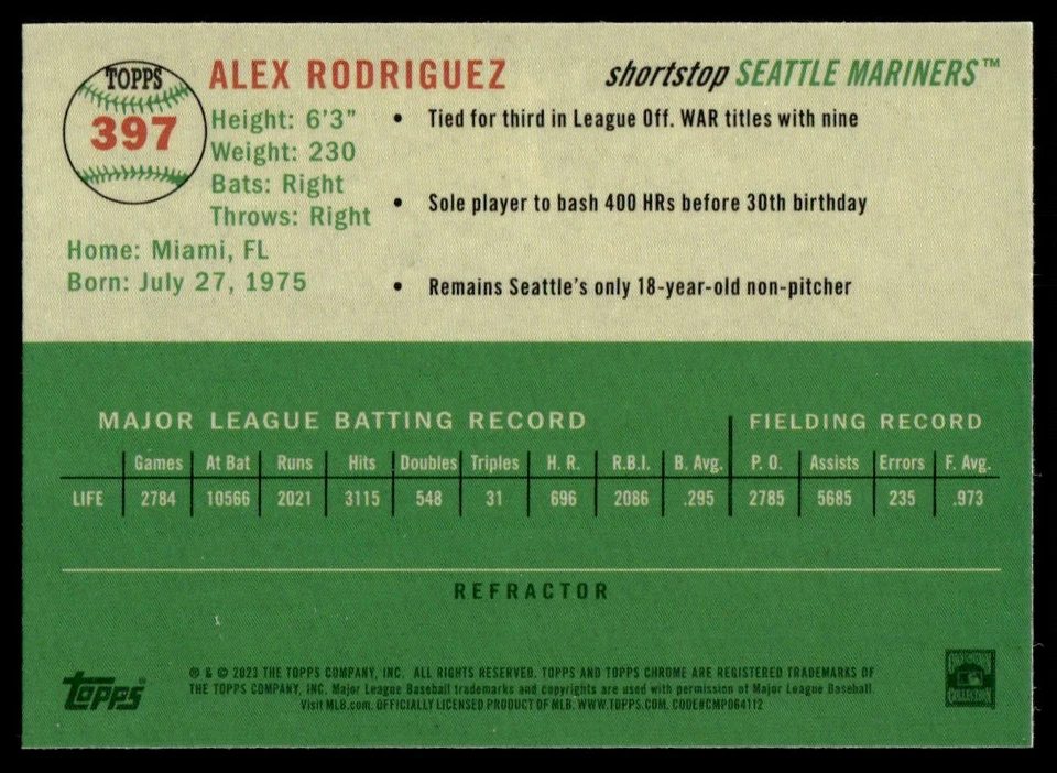 2023 Topps Chrome Platinum REFRACTOR Alex Rodriguez Seattle Mariners #397 - Image 2 of 2