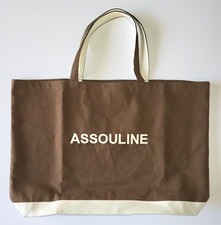 Borsa tote Assouline tela marrone e bianca 26 pollici x 17 pollici EX condizioni libri di moda