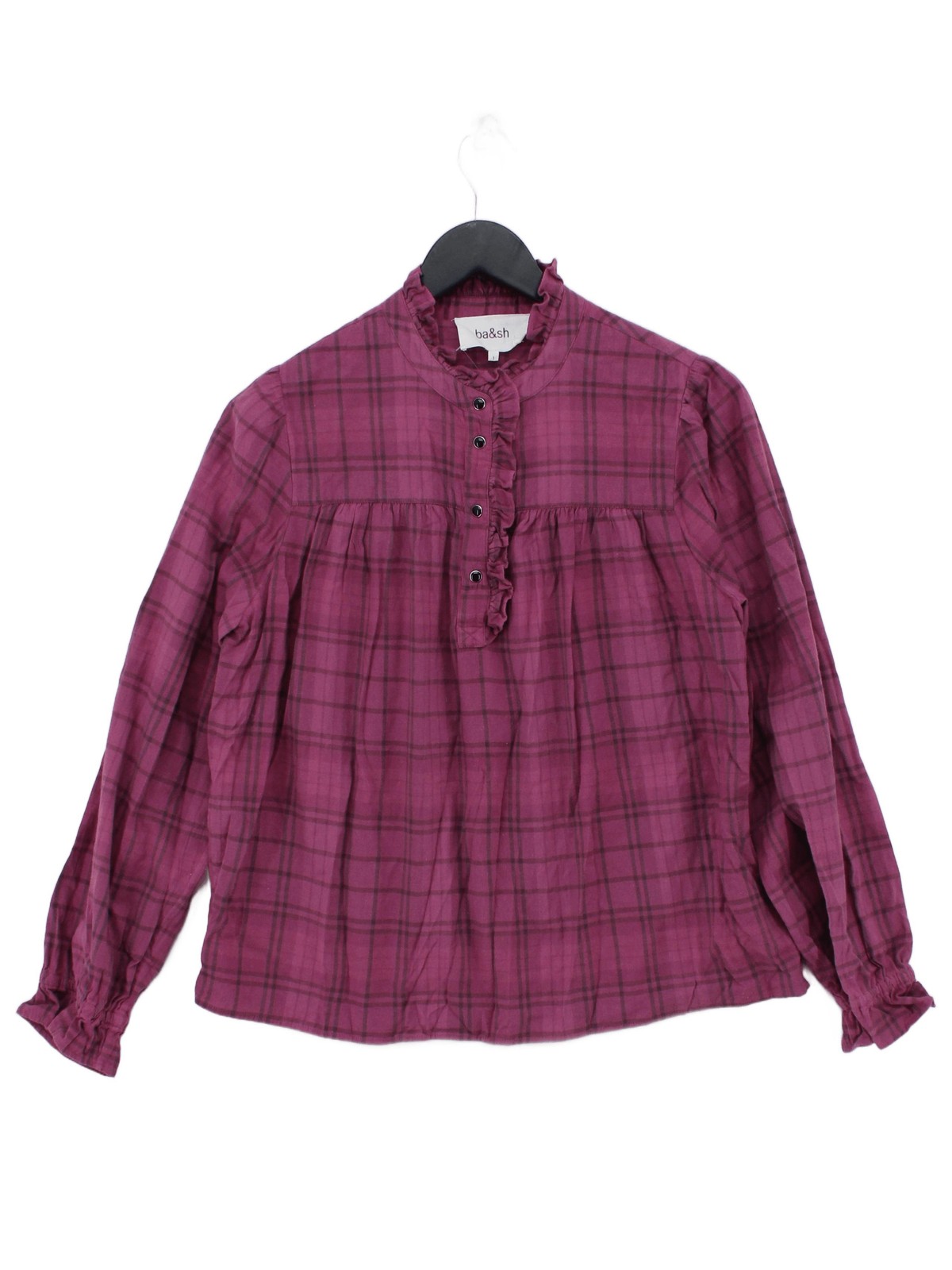 Ba&sh Women's Blouse S Purple Checkered 100% Cotton Long Sleeve High Neck Basic