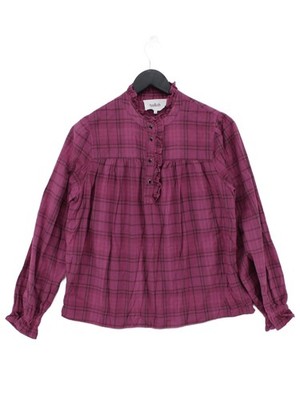 Ba&sh Damen Bluse S lila kariert 100% Baumwolle Langarm hochgeschlossen Basic