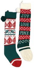 Vtg Set Of 2 Knit Christmas Stockings Pom Poms Red Green White 24  Traditional