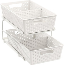 2 Tier Bathroom Organizer Tray Pull-Out Sliding Drawer/Under-Sink Storage, White