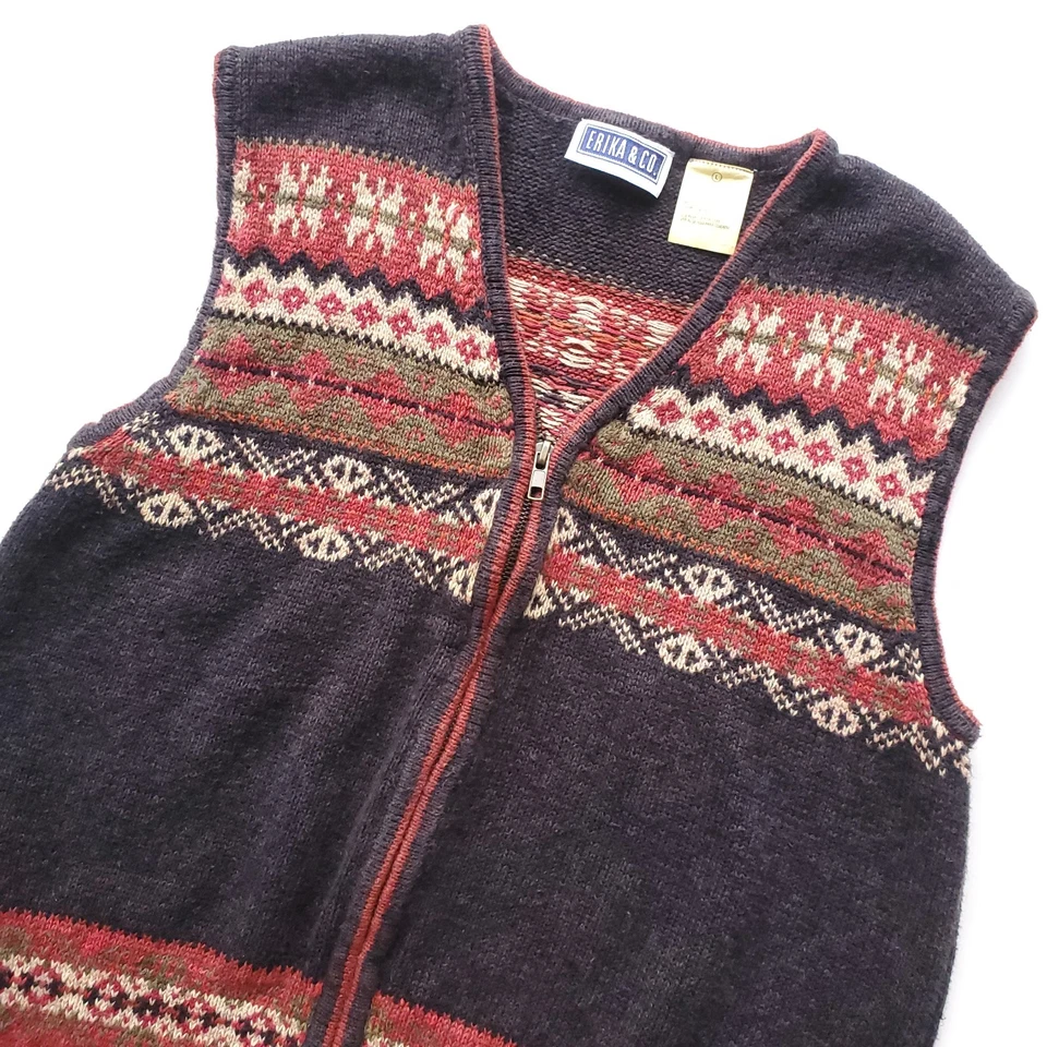 Erika & Co Vintage Suéter Chaleco Mujer L Fair Isle Marrón Óxido Cremallera Twee Abuelo Foto 4 de 4