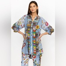 Johnny Was Rainbow Adonia Silk Tunic Top Button Front Blouse Size M