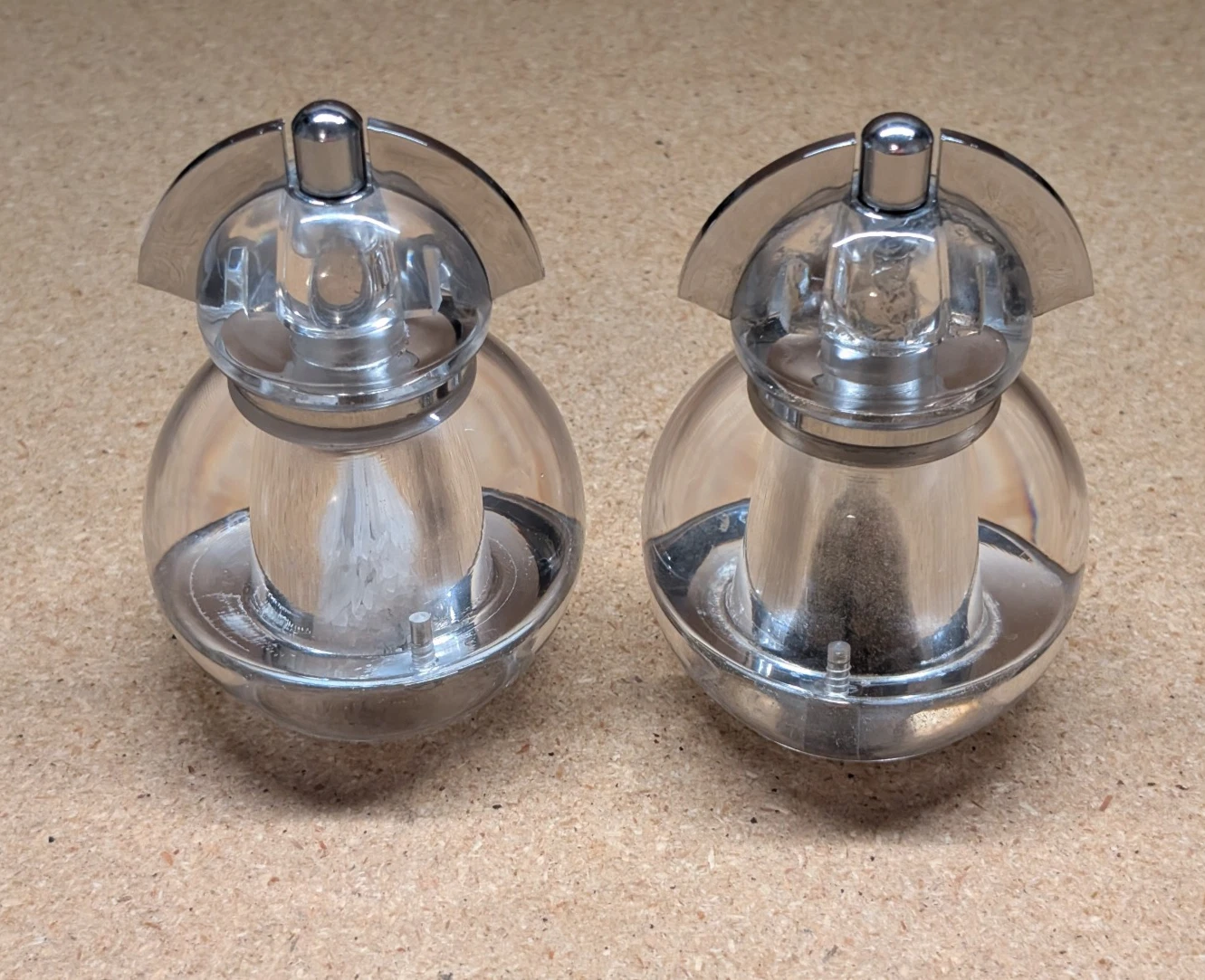 Pair Peugeot France Clear Acrylic Art Deco Grinder Set Chrome Modern 4.25" *READ