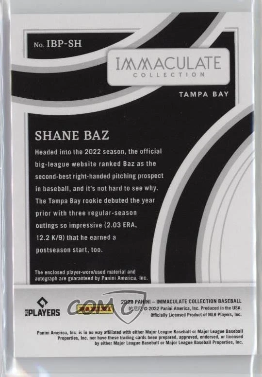 2022 Panini Immaculate Prime Relics Black /57 Shane Baz #IBP-SH Rookie Auto RC - Image 2 of 2