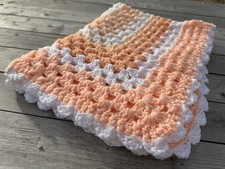 Handmade Crochet Baby Blanket   Peach Orange  White Afghan 32x24 Unisex Gift
