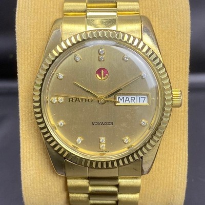 Rare Rado Voyager Automatic Diamond Index Gold Dial Day Date Vintage Watch Swiss