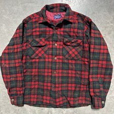 Vintage 70s Pendleton Plaid Wool Board Shirt Size Medium Loop Collar Red