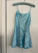 Vintage Victoria  s Secret Slip Chemise Nightie Blue W Floral Lace Size Medium