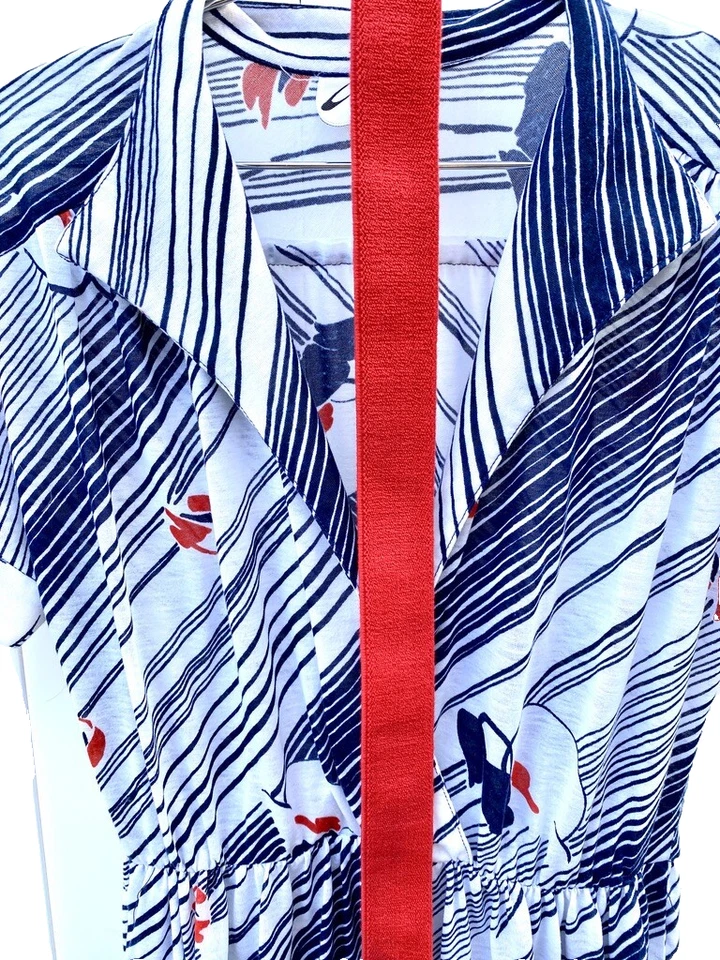 复古 20 世纪 70 年代 Willi of California 针织连衣裙 Mod 花卉红色白色蓝色/红色腰带 M — 第 2/4 张图片