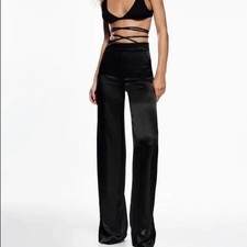 Zara Satin Effect Tie Waist Pants Black Women's Size XL