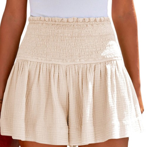 Womens Shorts Cotton High Elastic Waisted Pleated Ruffle Cute Casual Shorts - Picture 17 of 23