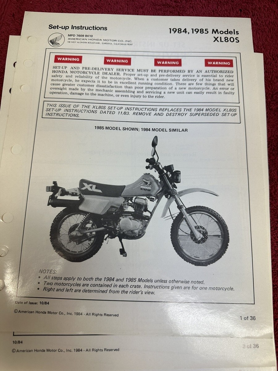 Honda XL80S 85 84 Set up Instructions Manual Official OEM Vintage