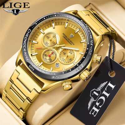 LIGE Men's Business Casual Quartz Watch Stainless Steel Luminous 3-Eyes Calendar