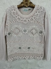 Vintage 80s English Country Cottage Farm Charm Boho Pink Pearls Ribbon Sweater M