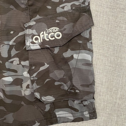 AFTCO Mens 32 Black Gray Camo Performance Stretch Fishing Outdoors Cargo Shorts - Picture 7 of 9