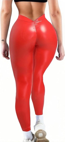 Kunstleder V-Rücken Leggings für Frauen Hohe Taille Bauch Kontrolle Sexy Mode R - Bild 12 von 19