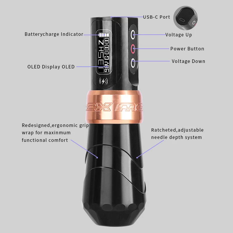 Ametralladora de tatuaje rotativa de motor fuerte profesional Flux Max + 2 baterías Foto 3 de 4