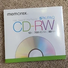 NEW SEALED MEMOREX HIGH SPEED CD-RW 5 PACK 12X 700MB 80 MIN REWRITABLE 