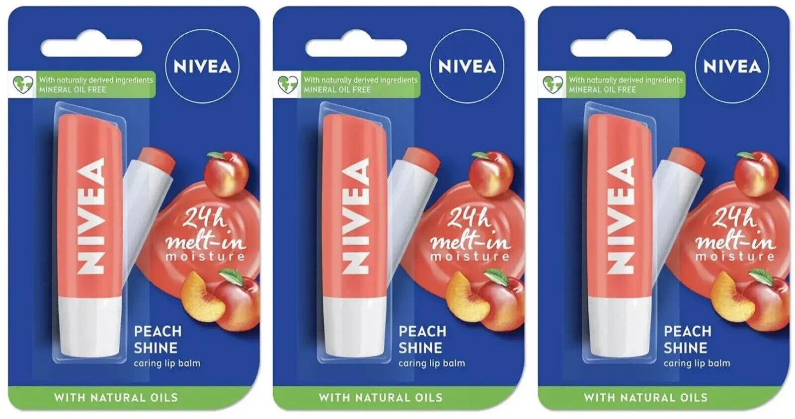 Nivea PEACH SHINE Lip Balm With 100% ORGANIC JOJOBA OIL - 3 x Pack
