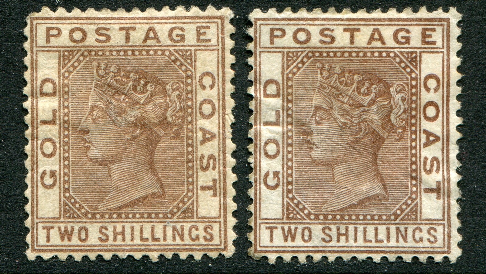 Gold Coast 1884-91 Crown CA 2/- x2 SG 19 & 19a hinged m (cat. £210 ...