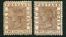 Gold Coast 1884-91 Crown CA 2/- x2 SG 19 & 19a hinged m (cat. £210) major faults
