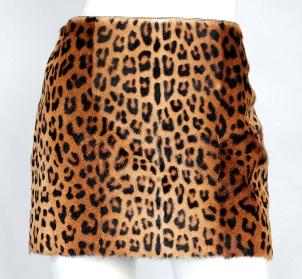 SAINT LAURENT minigonna a matita marrone stampa leopardata pelliccia di cavallo vita media 38