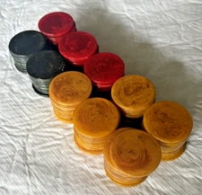 100 Bakelite (Catalin) Poker Chips - Red, Blue & Amber Swirled, 1.5 Inch Diam.