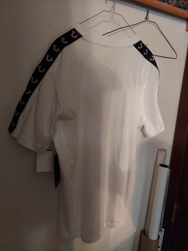 TRUE RELIGION with Horseshoe Logo Striped Sleeves Optic White Large T-Shirt NWT - Picture 12 of 14