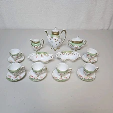 Antique 1900s Children's Porcelain Complete 19 Piece Footed Tea Set Hand Painted