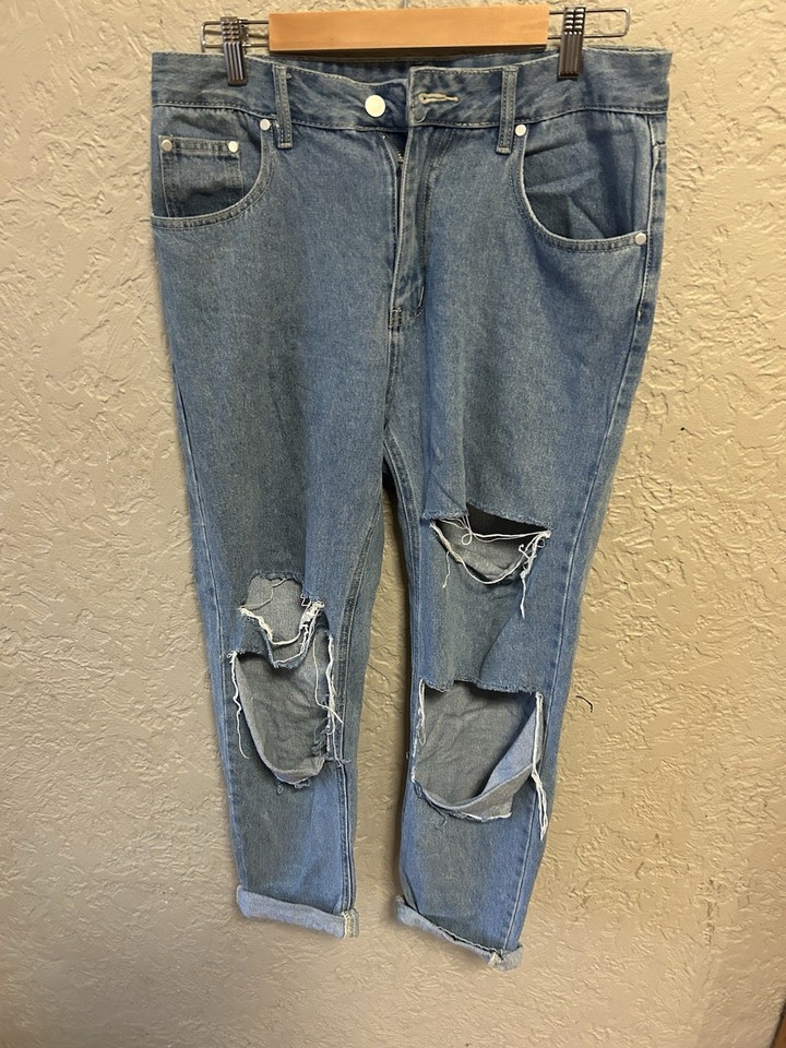 Women’s Shein Blue Ripped Denim Jeans Size L PN 1402