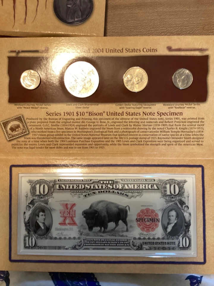 2004 LEWIS & CLARK COINAGE & CURRENCY SET ~ L & C BICENT SILVER  $ +STAMPS +NOTE - Image 4 of 4