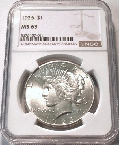 1926 $1 NGC MS 63 Peace Silver Dollar, Better, Semi-KEY Date Uncirculated Coin